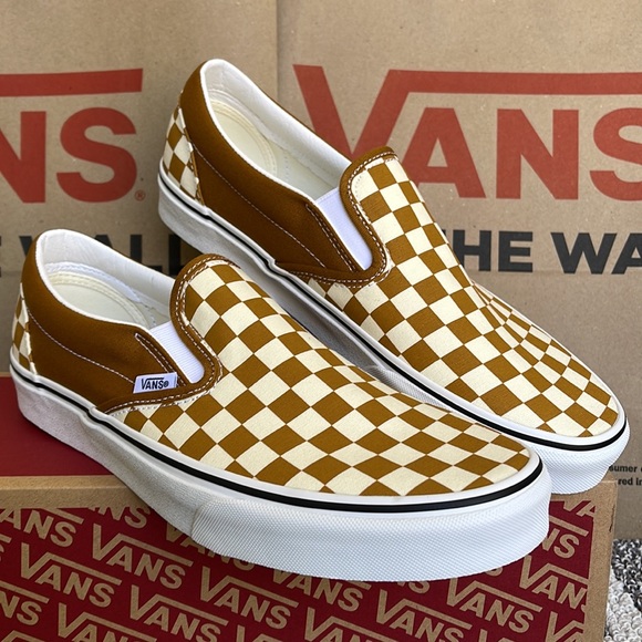 Vans Classic Slip-On Checkerboard Golden Brown/True White MENS - Picture 5 of 16